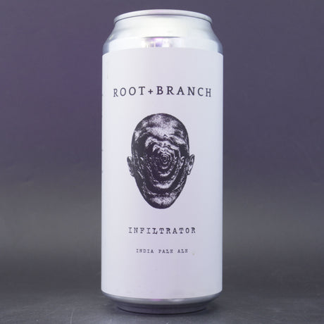 This is a can of Root + Branch - Infiltrator (2025) - 7% (473ml). It is a IPA craft beer available to buy from Ghost Whale, voted London's best craft beer shop.
