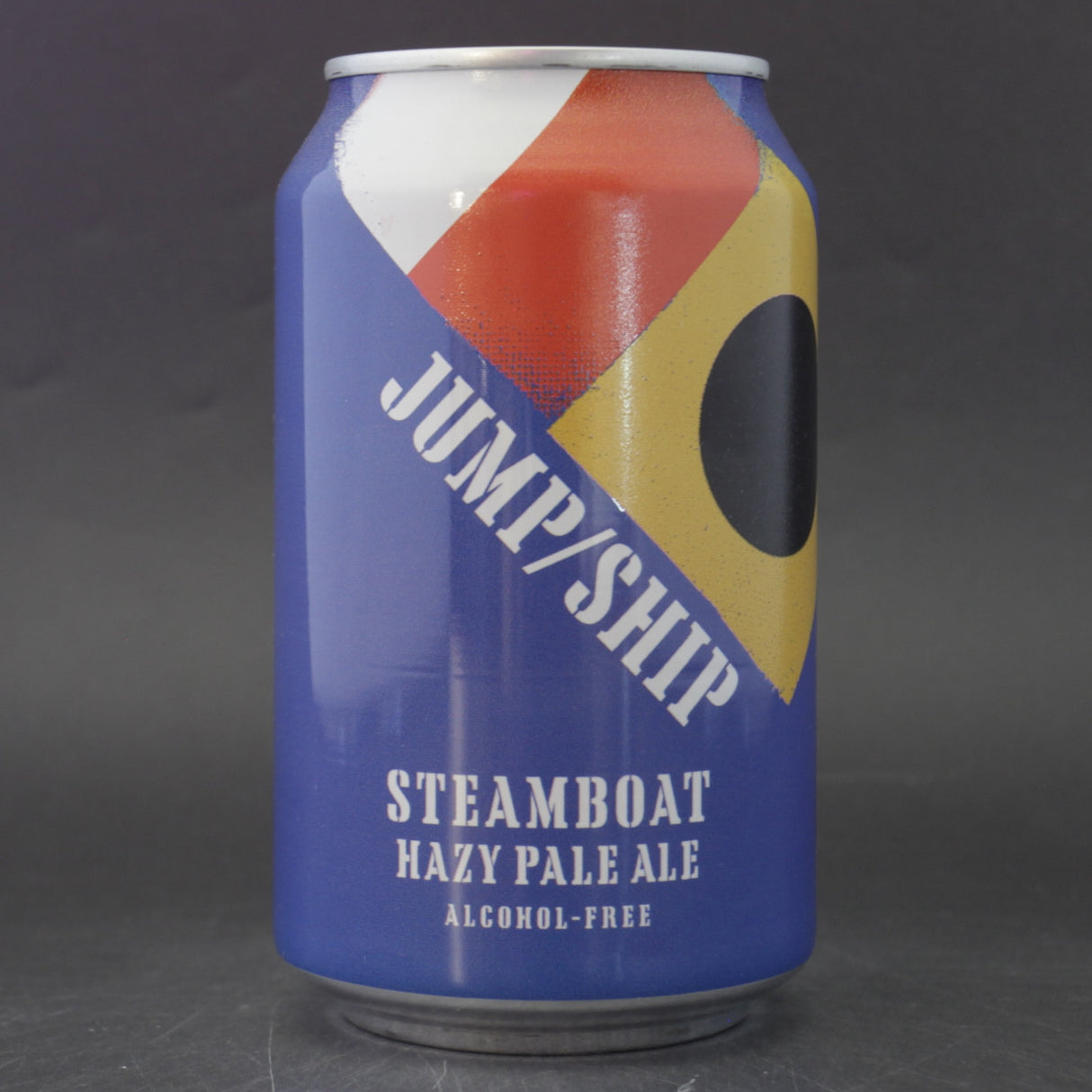 This is a can of Jump Ship Brewing - Steamboat Hazy Pale - 0.5% (330ml). It is a Pale Ale craft beer available to buy from Ghost Whale, voted London's best craft beer shop.