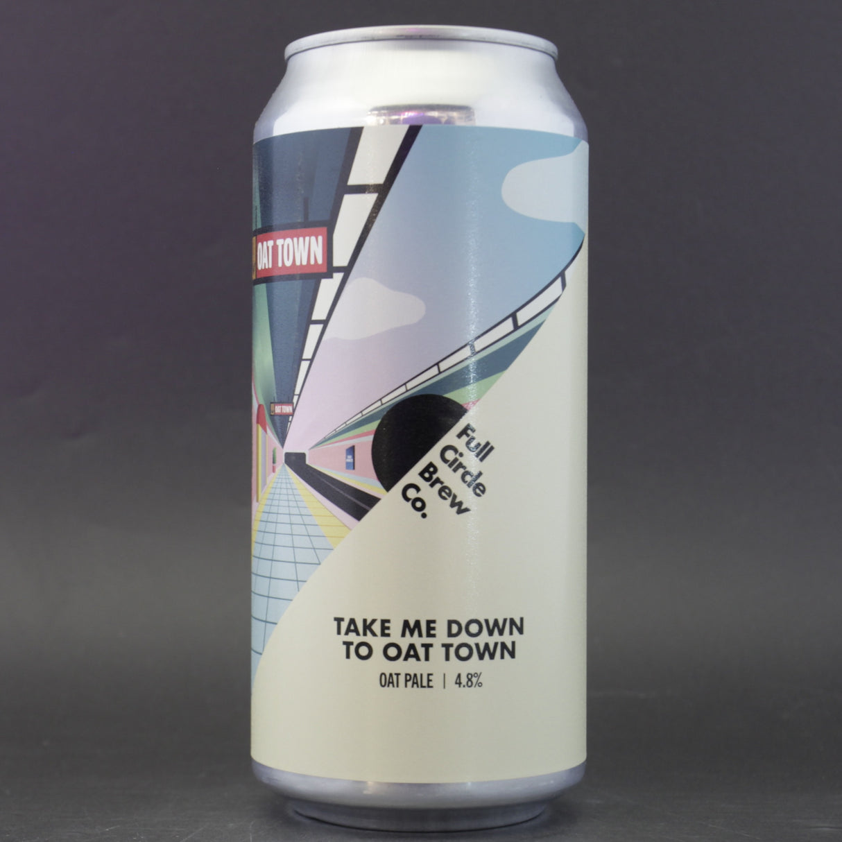 This is a can of Full Circle Brew Co - Take Me Down To Oat Town - 4.8% (440ml). It is a Pale Ale craft beer available to buy from Ghost Whale, voted London's best craft beer shop.