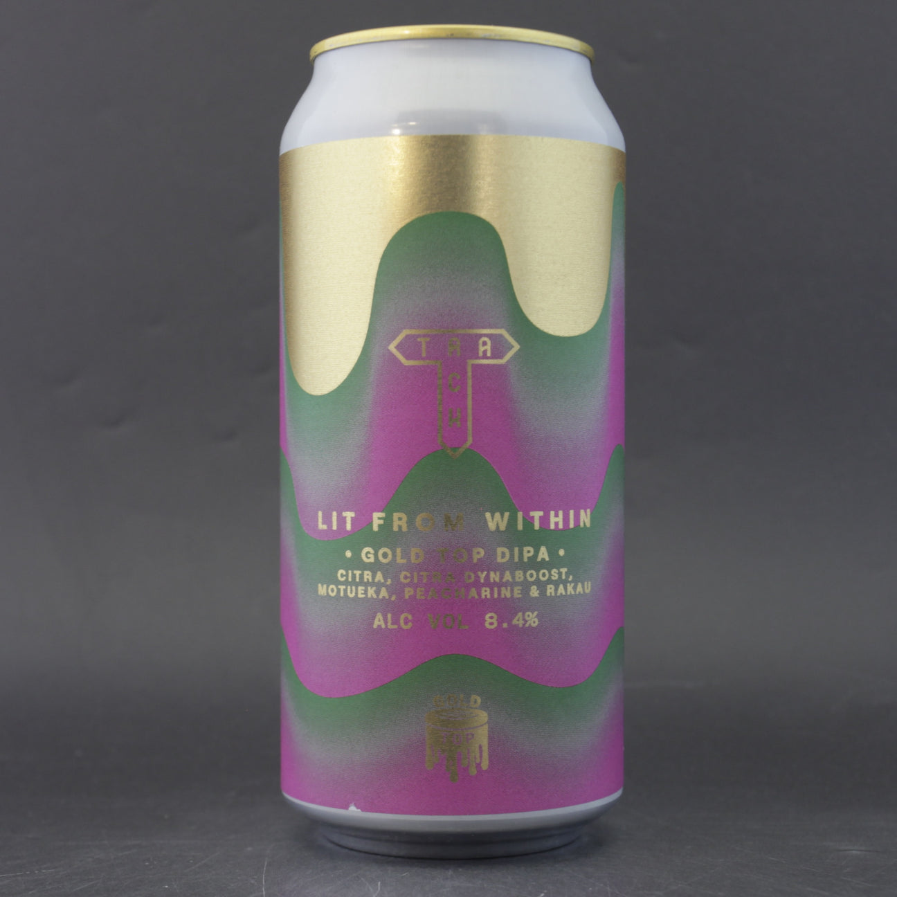 This is a can of Track - Gold Top: Lit From Within - 8.4% (440ml). It is a Double IPA craft beer available to buy from Ghost Whale, voted London's best craft beer shop.