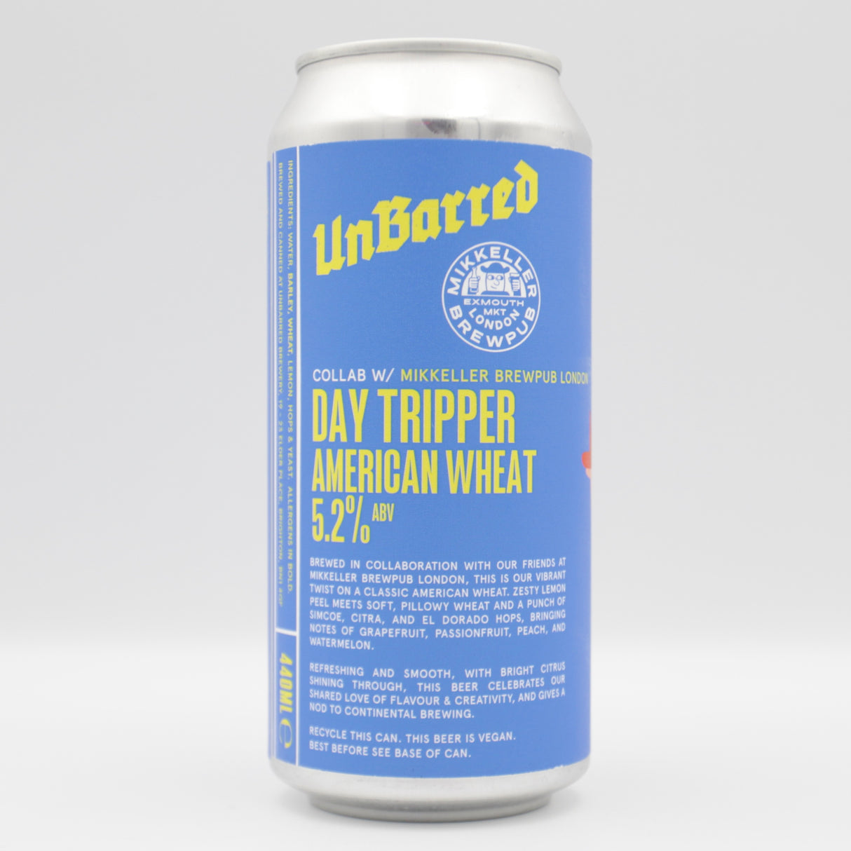 This is a can of UnBarred / Mikkeller Brewpub - Day Tripper - 5.2% (440ml). It is a Wit / Wheat craft beer available to buy from Ghost Whale, voted London's best craft beer shop.