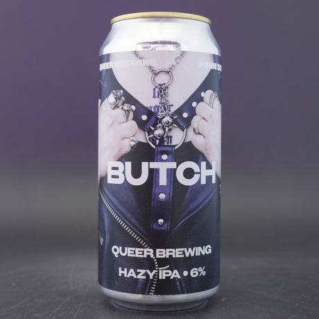 This is a can of Queer Brewing - Butch - 6% (440ml). It is a IPA craft beer available to buy from Ghost Whale, voted London's best craft beer shop.