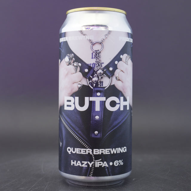 This is a can of Queer Brewing - Butch - 6% (440ml). It is a IPA craft beer available to buy from Ghost Whale, voted London's best craft beer shop.