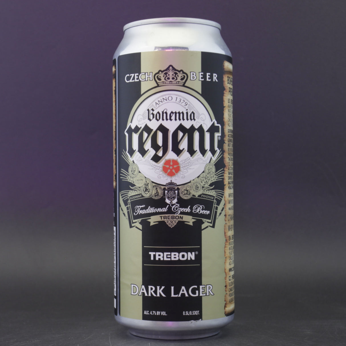 This is a can of Bohemia Regent - Premium Tmavý Ležák 12 - 4.7% (500ml). It is a Lager / Pilsner / Kölsch craft beer available to buy from Ghost Whale, voted London's best craft beer shop.