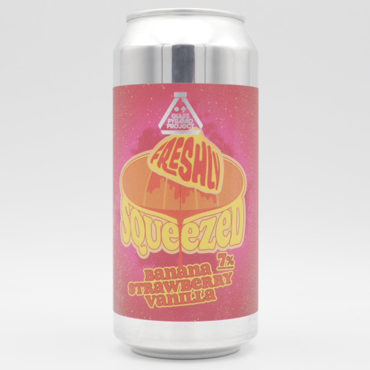 This is a can of Glass Pyramid Project - Freshly Squeezed: Banana + Strawberry + Vanilla - 7% (440ml). It is a Sour craft beer available to buy from Ghost Whale, voted London's best craft beer shop.