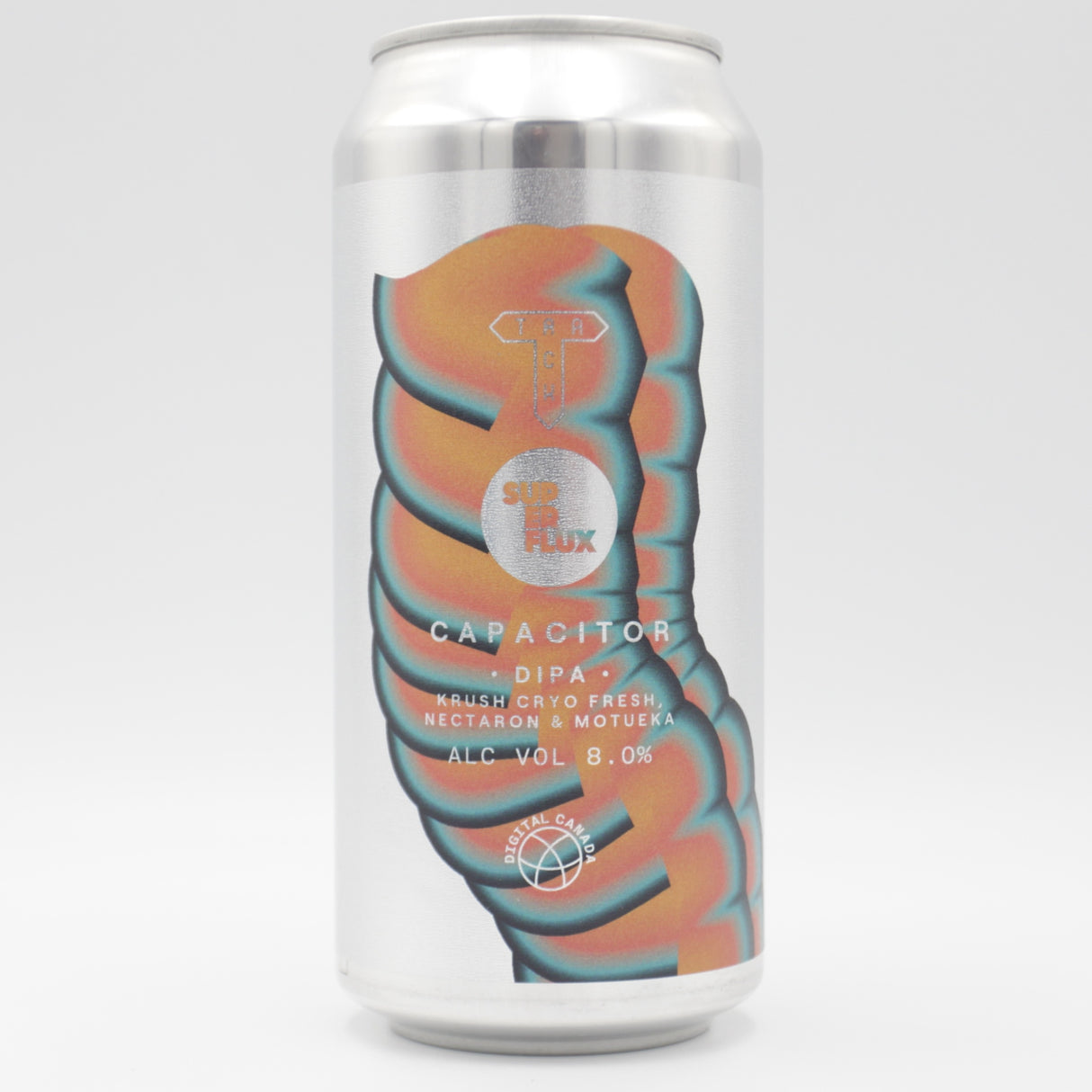 This is a can of Track / SuperFlux - Capacitor - 8% (440ml). It is a Double IPA craft beer available to buy from Ghost Whale, voted London's best craft beer shop.