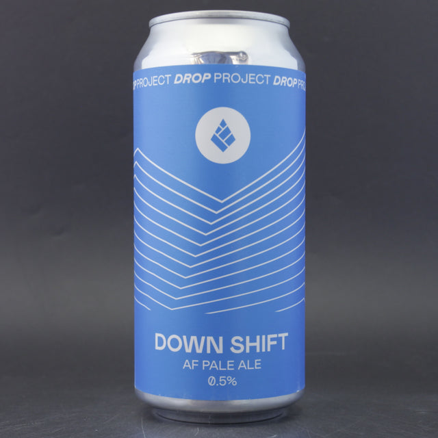 This is a can of Drop Project - Down Shift - 0.5% (440ml). It is a Pale Ale craft beer available to buy from Ghost Whale, voted London's best craft beer shop.