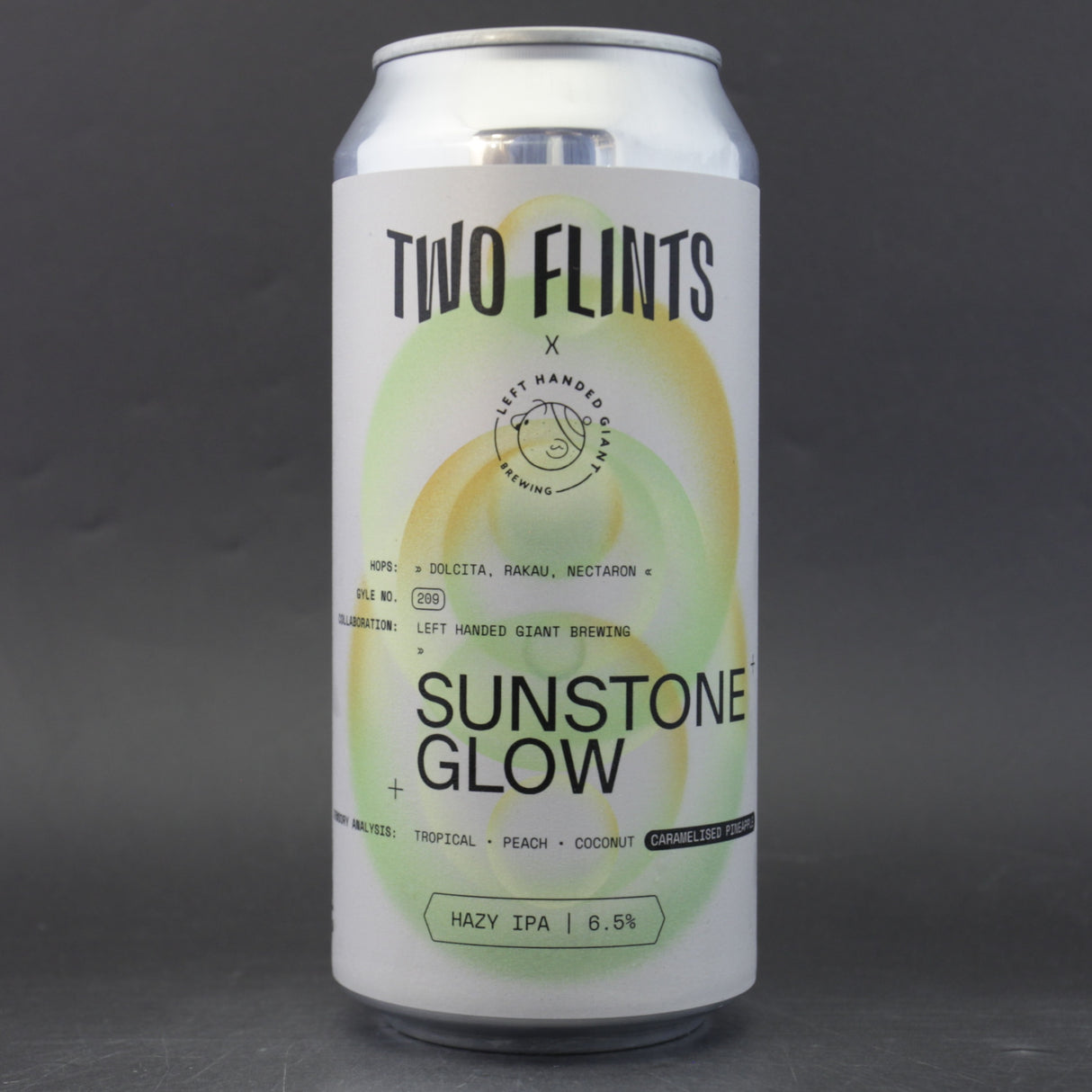 This is a can of Two Flints / Left Handed Giant - Sunstone Glow - 6.5% (440ml). It is a IPA craft beer available to buy from Ghost Whale, voted London's best craft beer shop.