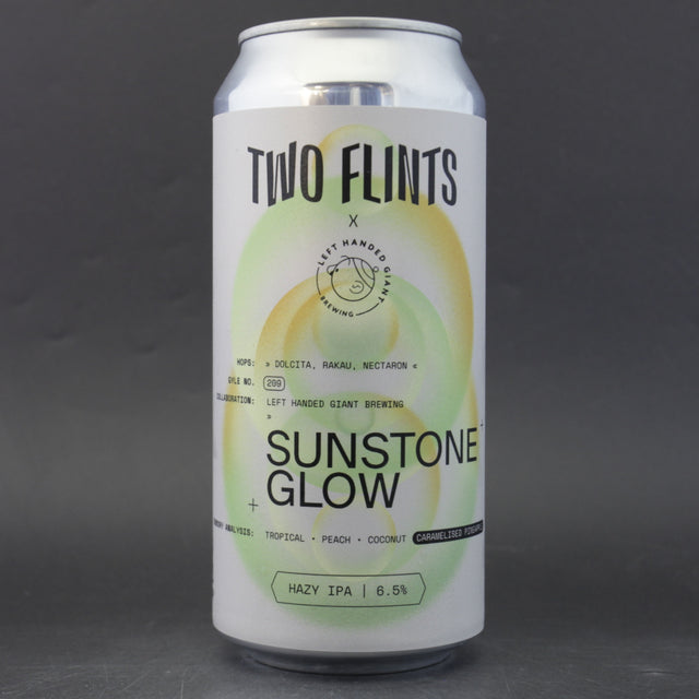 This is a can of Two Flints / Left Handed Giant - Sunstone Glow - 6.5% (440ml). It is a IPA craft beer available to buy from Ghost Whale, voted London's best craft beer shop.