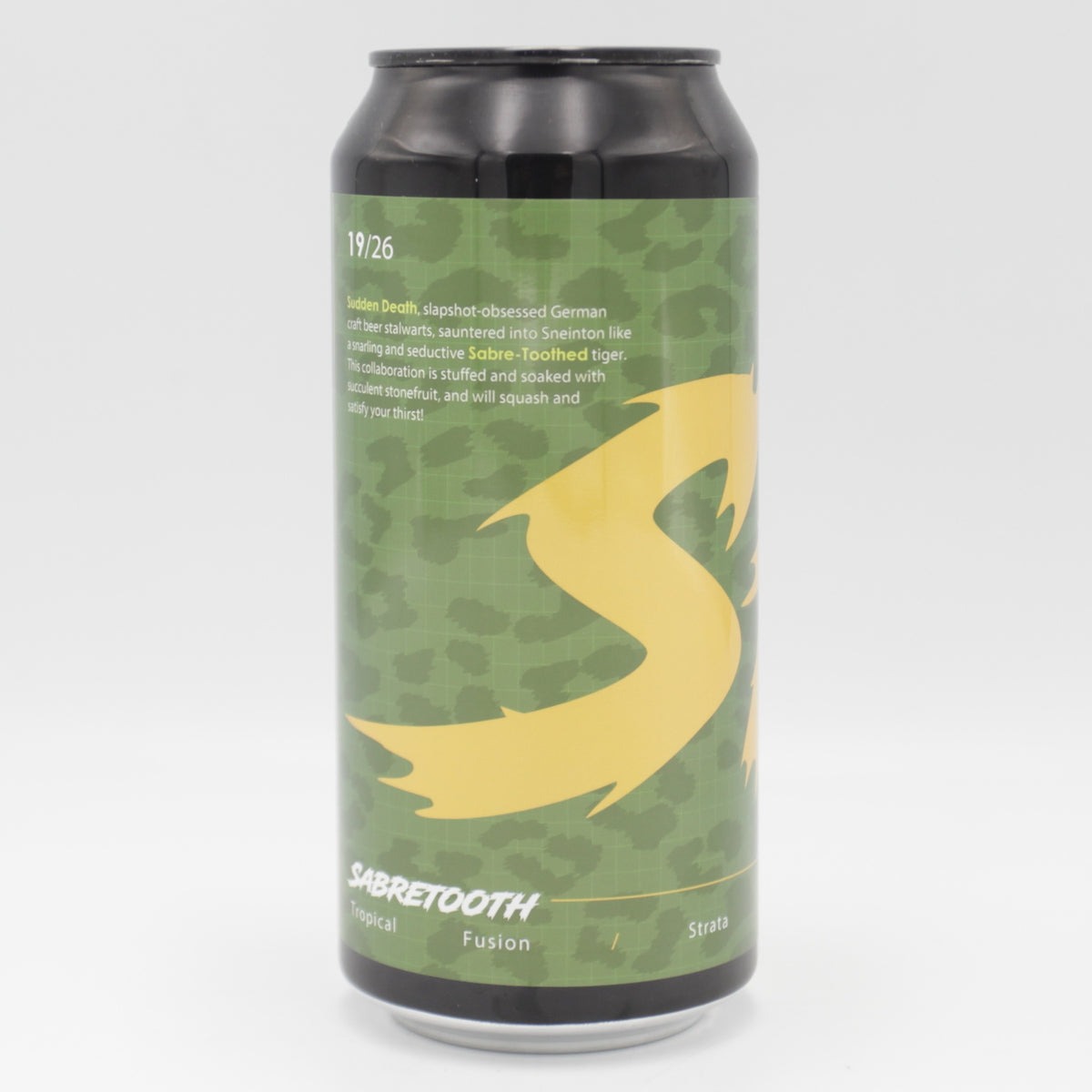 This is a can of Neon Raptor / Sudden Death - Sabretooth - 7% (440ml). It is a IPA craft beer available to buy from Ghost Whale, voted London's best craft beer shop.