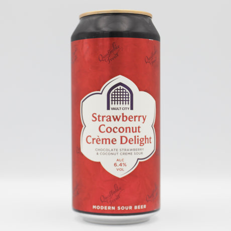 This is a can of Vault City - Strawberry Coconut Crème Delight - 6.4% (440ml). It is a Sour craft beer available to buy from Ghost Whale, voted London's best craft beer shop.