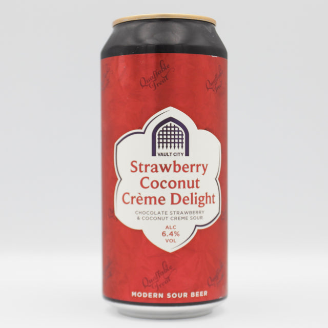 This is a can of Vault City - Strawberry Coconut Crème Delight - 6.4% (440ml). It is a Sour craft beer available to buy from Ghost Whale, voted London's best craft beer shop.
