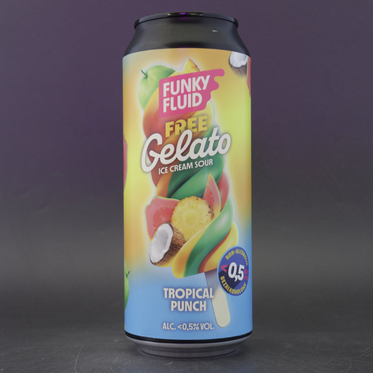 This is a can of Funky Fluid - Free Gelato: Tropical Punch - 0.5% (500ml). It is a Sour craft beer available to buy from Ghost Whale, voted London's best craft beer shop.