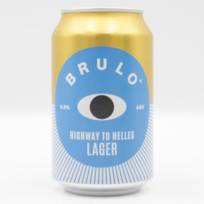 This is a can of Brulo - Highway To Hell - 0.5% (330ml). It is a Lager / Pilsner / Kölsch craft beer available to buy from Ghost Whale, voted London's best craft beer shop.