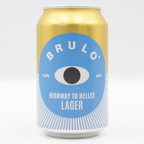 This is a can of Brulo - Highway To Hell - 0.5% (330ml). It is a Lager / Pilsner / Kölsch craft beer available to buy from Ghost Whale, voted London's best craft beer shop.