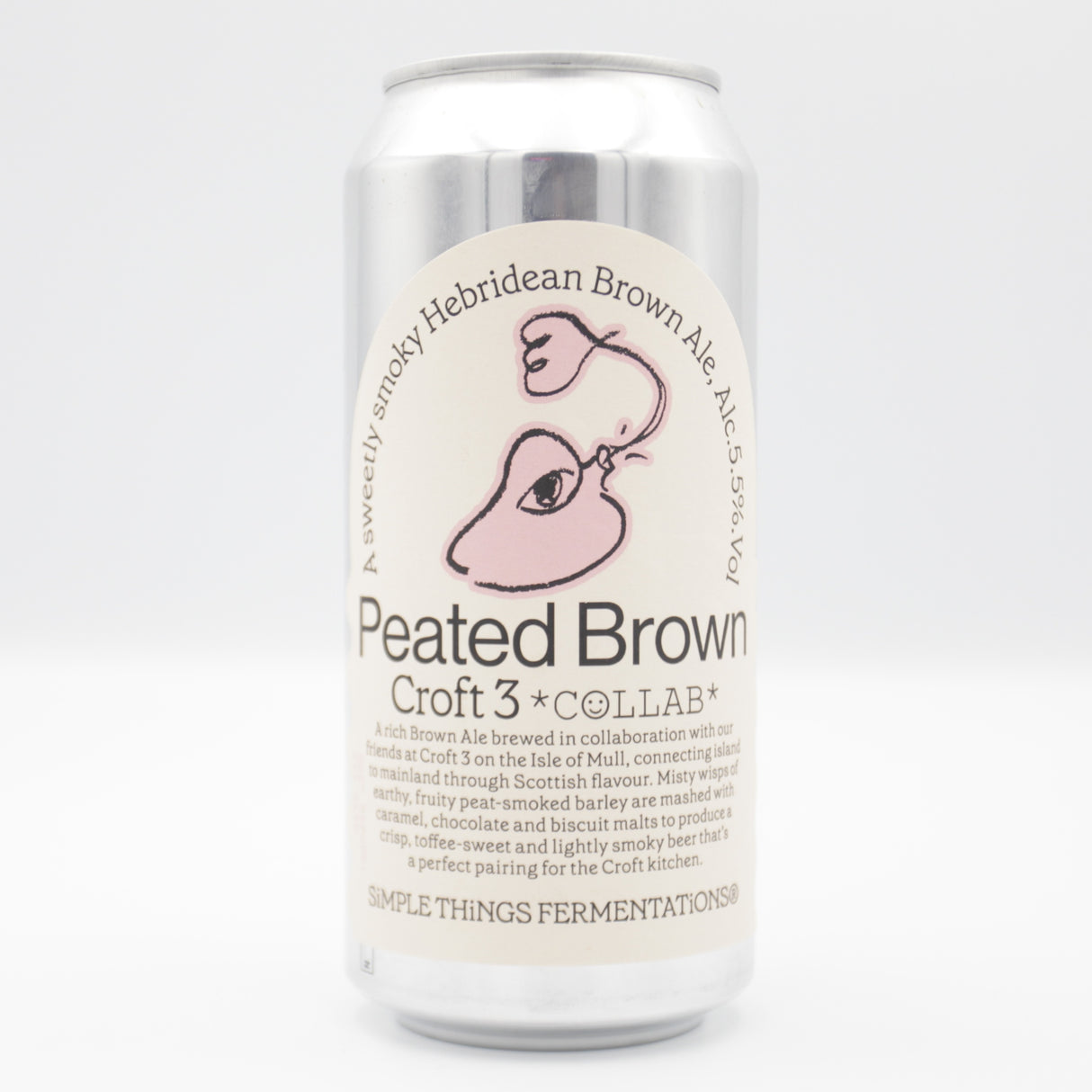 This is a can of Simple Things Fermentations - Peated Brown - 5.5% (440ml). It is a Brown Ale craft beer available to buy from Ghost Whale, voted London's best craft beer shop.