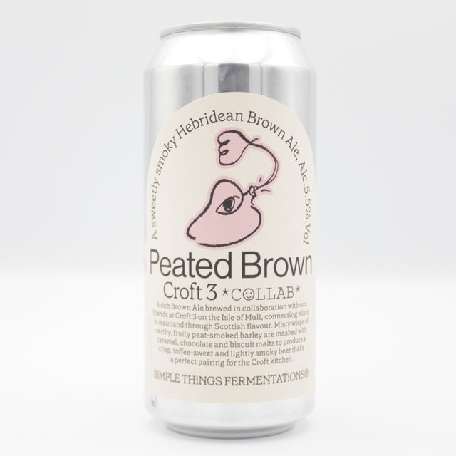 This is a can of Simple Things Fermentations - Peated Brown - 5.5% (440ml). It is a Brown Ale craft beer available to buy from Ghost Whale, voted London's best craft beer shop.