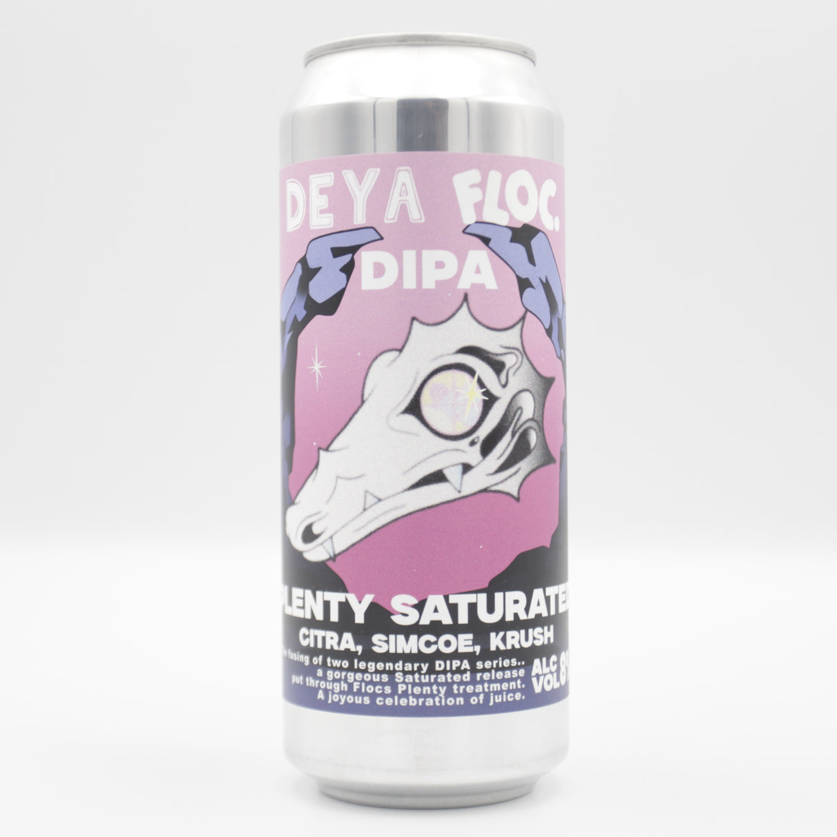 This is a can of DEYA / Floc - Plenty Saturated: Citra, Simcoe, Krush - 8% (500ml). It is a Double IPA craft beer available to buy from Ghost Whale, voted London's best craft beer shop.
