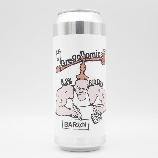 This is a can of Baron - Gregonomics - 8.2% (500ml). It is a Double IPA craft beer available to buy from Ghost Whale, voted London's best craft beer shop.