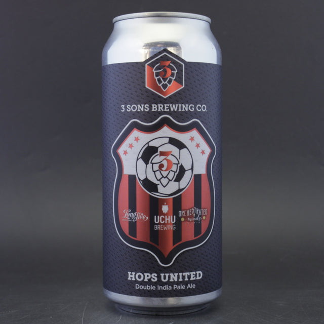 This is a can of 3 Sons / Uchu - Hops United - 8% (473ml). It is a Double IPA craft beer available to buy from Ghost Whale, voted London's best craft beer shop.