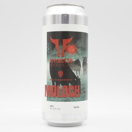 This is a can of Rivington / Folkingebrew - Moloch - 8% (500ml). It is a Double IPA craft beer available to buy from Ghost Whale, voted London's best craft beer shop.