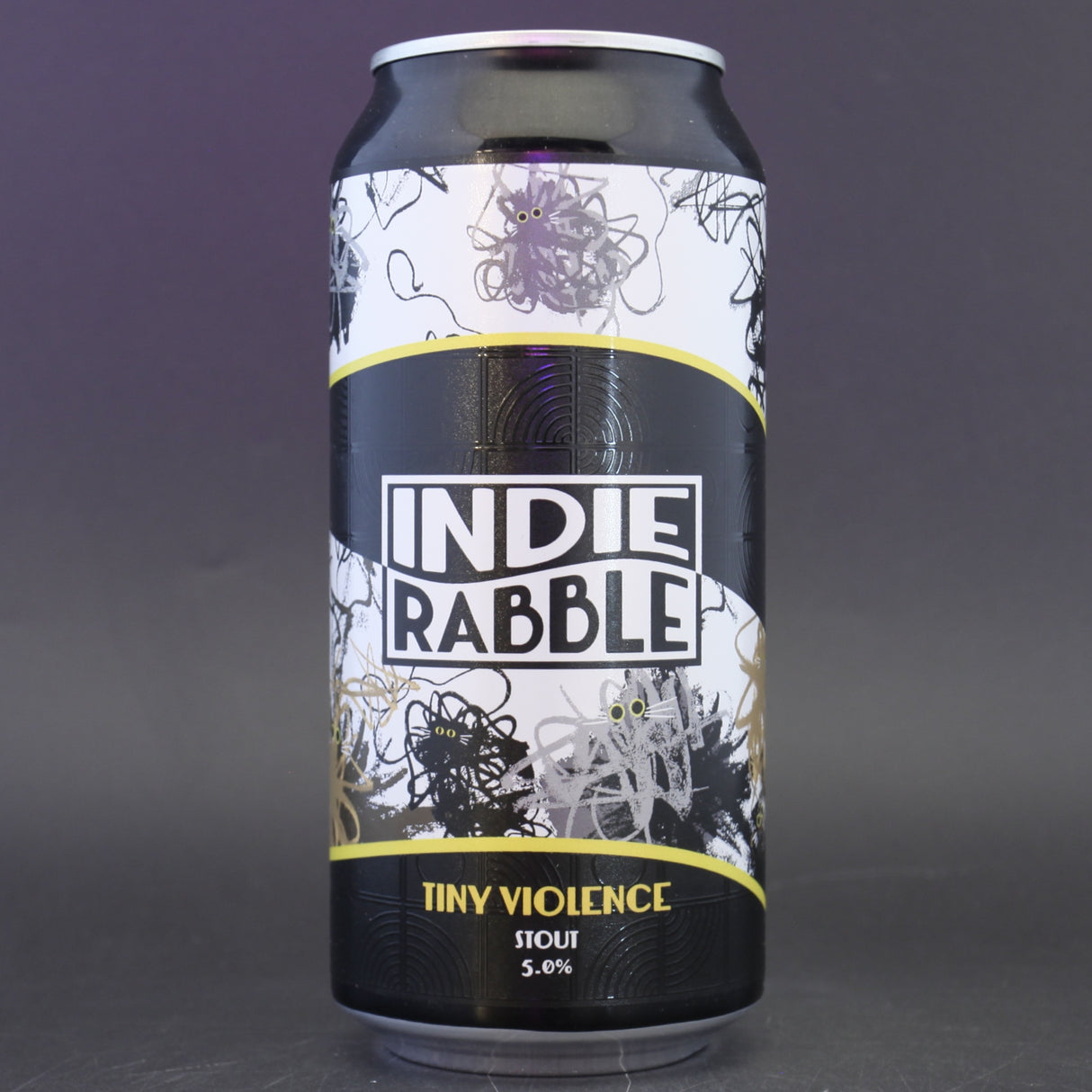 This is a can of Indie Rabble - Tiny Violence - 5% (440ml). It is a Stout / Porter craft beer available to buy from Ghost Whale, voted London's best craft beer shop.