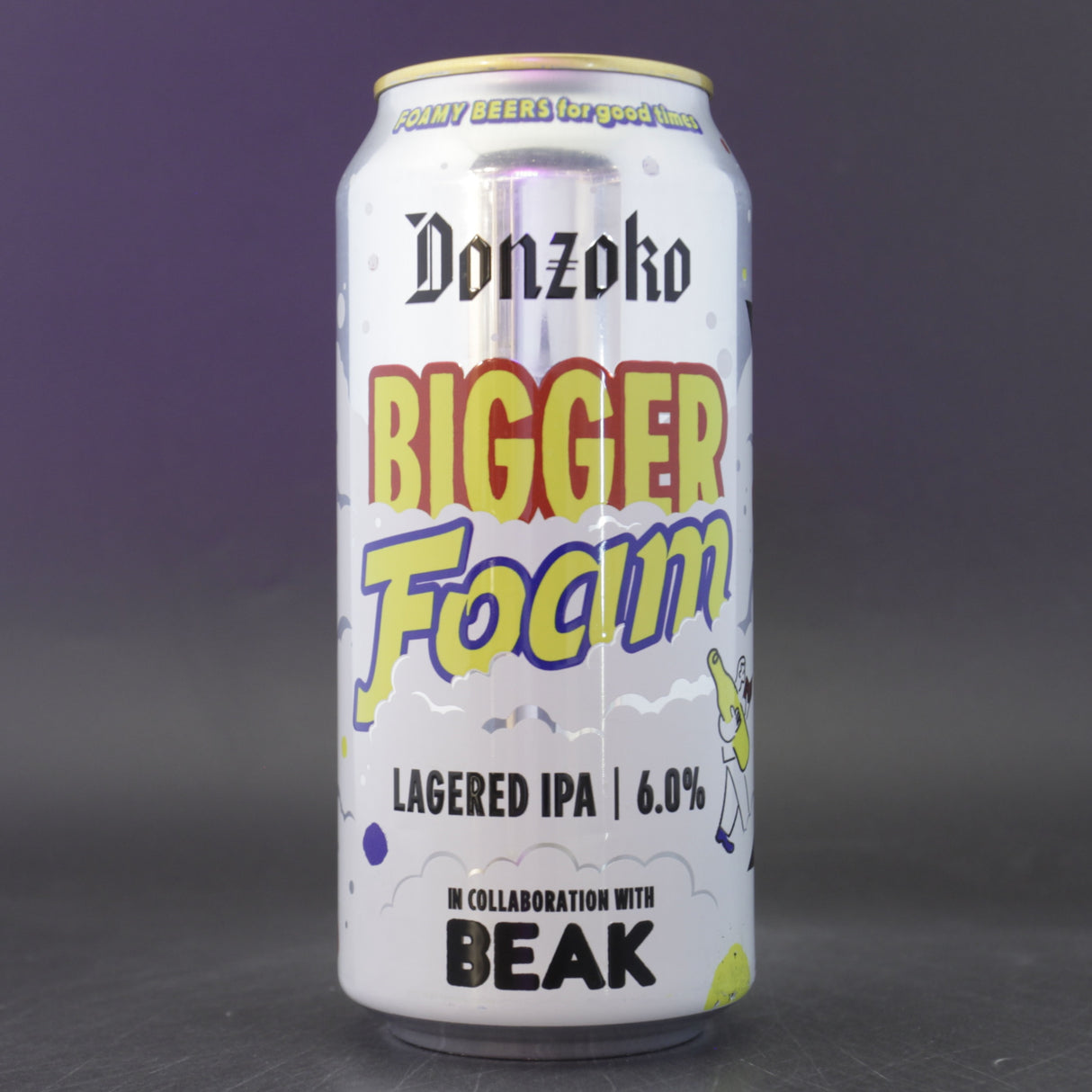 This is a can of Donzoko / Beak Brewery - Bigger Foam - 6% (440ml). It is a IPA craft beer available to buy from Ghost Whale, voted London's best craft beer shop.