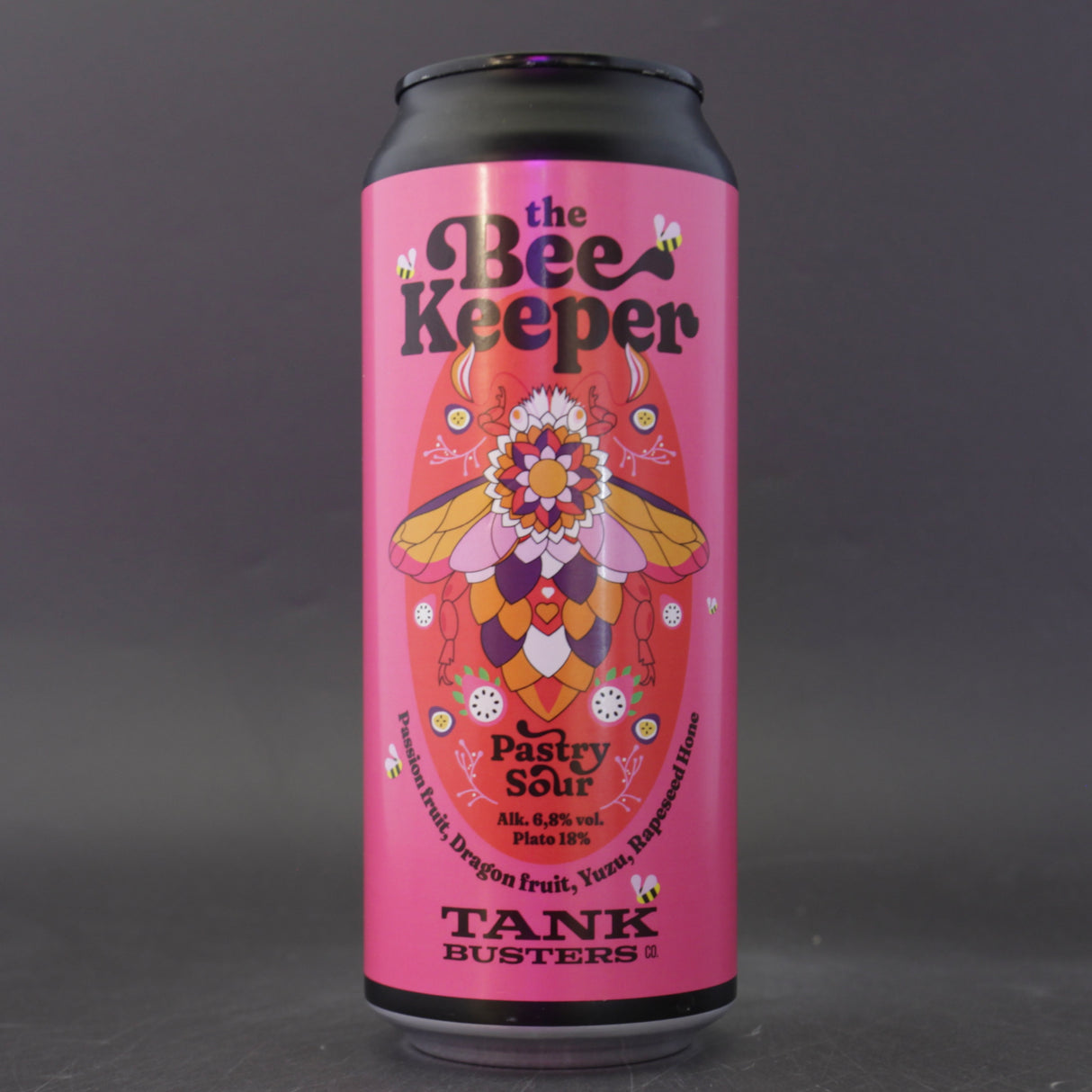 This is a can of Tank Busters - Beekeeper vol.7: Passion Fruit, Dragon Fruit, Yuzu - 6.8% (500ml). It is a Sour craft beer available to buy from Ghost Whale, voted London's best craft beer shop.