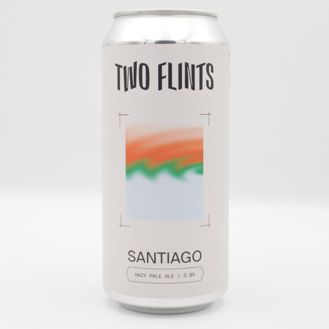This is a can of Two Flints - Santiago - 3.8% (440ml). It is a Pale Ale craft beer available to buy from Ghost Whale, voted London's best craft beer shop.