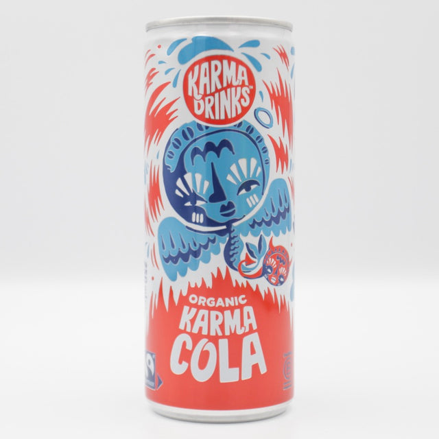 This is a can of Karma - Karma Cola - 0% (250ml). It is a  craft soft drink available to buy from Ghost Whale, voted London's best craft beer shop.