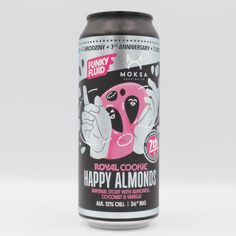 This is a can of Funky Fluid / Moksa - Royal Cookie: Happy Almonds - 12% (500ml). It is a Imperial Stout / Porter craft beer available to buy from Ghost Whale, voted London's best craft beer shop.