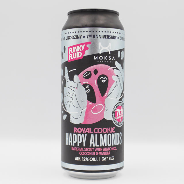 This is a can of Funky Fluid / Moksa - Royal Cookie: Happy Almonds - 12% (500ml). It is a Imperial Stout / Porter craft beer available to buy from Ghost Whale, voted London's best craft beer shop.