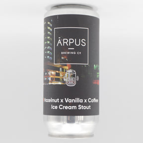 This is a can of Arpus Brewing Co - Hazelnut x Coffee Ice Cream Stout - 9.3% (440ml). It is a Imperial Stout / Porter craft beer available to buy from Ghost Whale, voted London's best craft beer shop.