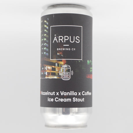 This is a can of Arpus Brewing Co - Hazelnut x Coffee Ice Cream Stout - 9.3% (440ml). It is a Imperial Stout / Porter craft beer available to buy from Ghost Whale, voted London's best craft beer shop.