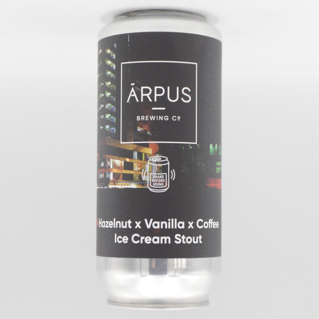 This is a can of Arpus Brewing Co - Hazelnut x Coffee Ice Cream Stout - 9.3% (440ml). It is a Imperial Stout / Porter craft beer available to buy from Ghost Whale, voted London's best craft beer shop.