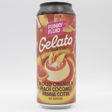 This is a can of Funky Fluid - Gelato: Blood Orange & Peach Coconut Panna Cotta - 5.5% (500ml). It is a Sour craft beer available to buy from Ghost Whale, voted London's best craft beer shop.