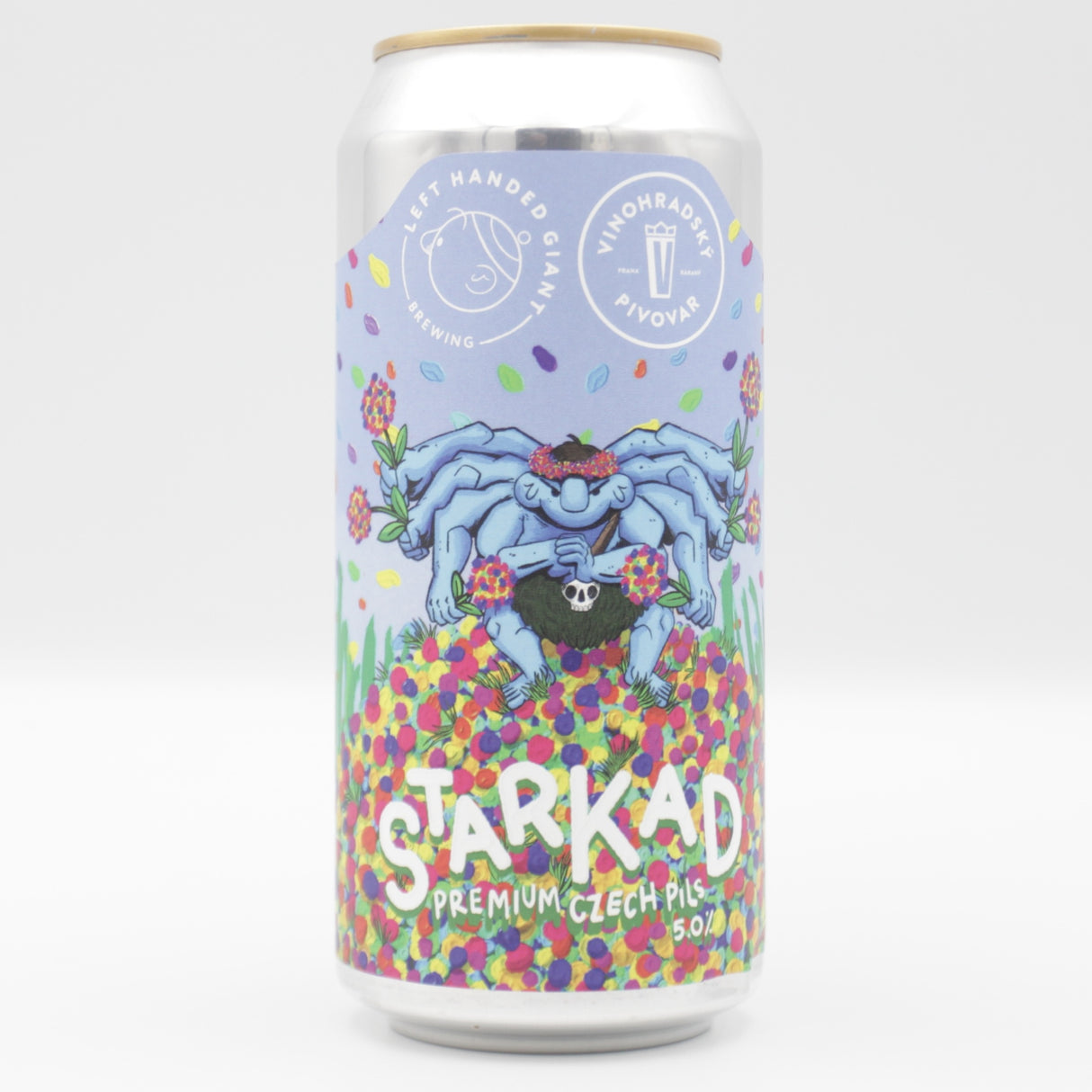 This is a can of Left Handed Giant / Vinohradsky Pivovar - Starked - 5% (440ml). It is a Lager / Pilsner / Kölsch craft beer available to buy from Ghost Whale, voted London's best craft beer shop.