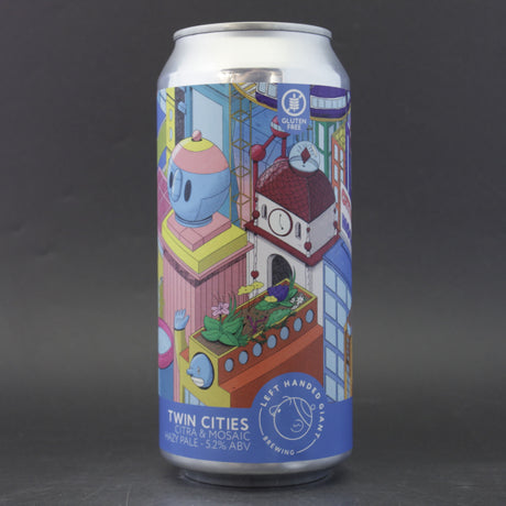 This is a can of Left Handed Giant - Twin Cities: Citra & Mosaic - 5.2% (440ml). It is a Pale Ale craft beer available to buy from Ghost Whale, voted London's best craft beer shop.