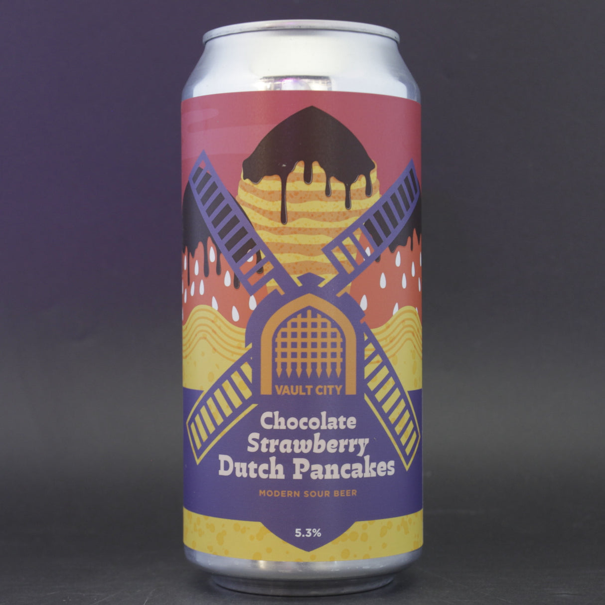 This is a can of Vault City - Chocolate Strawberry Dutch Pancakes - 5.3% (440ml). It is a Sour craft beer available to buy from Ghost Whale, voted London's best craft beer shop.