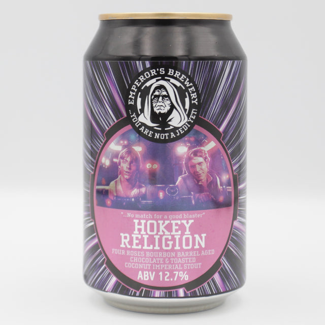 This is a can of Emperor's - BA Hokey Religion - 12.7% (330ml). It is a Imperial Stout / Porter craft beer available to buy from Ghost Whale, voted London's best craft beer shop.