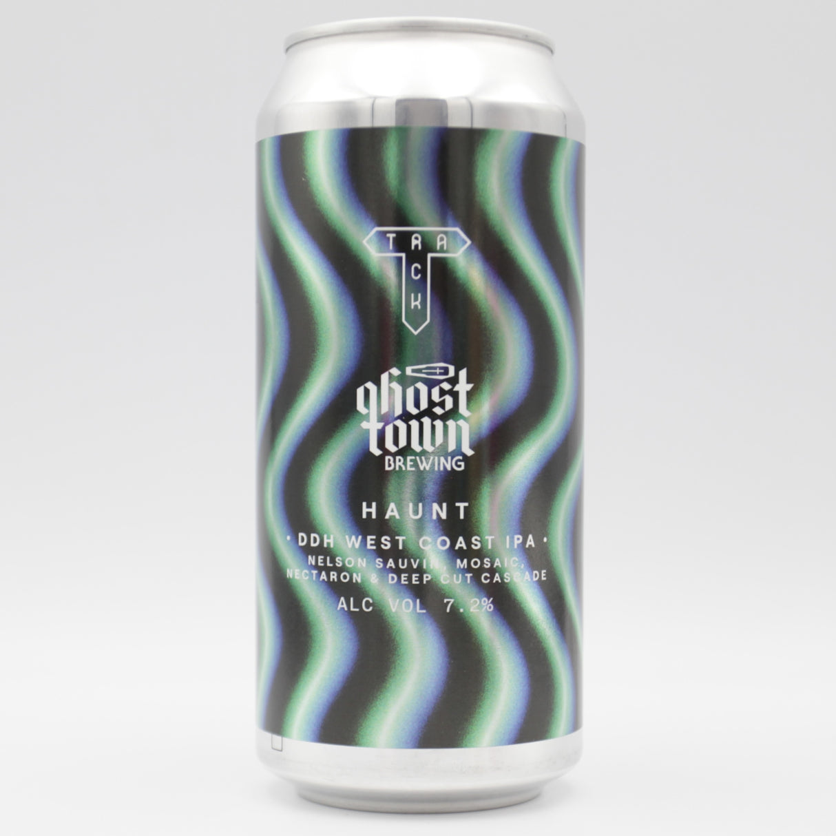 This is a can of Track - Haunt - 7.2% (440ml). It is a IPA craft beer available to buy from Ghost Whale, voted London's best craft beer shop.