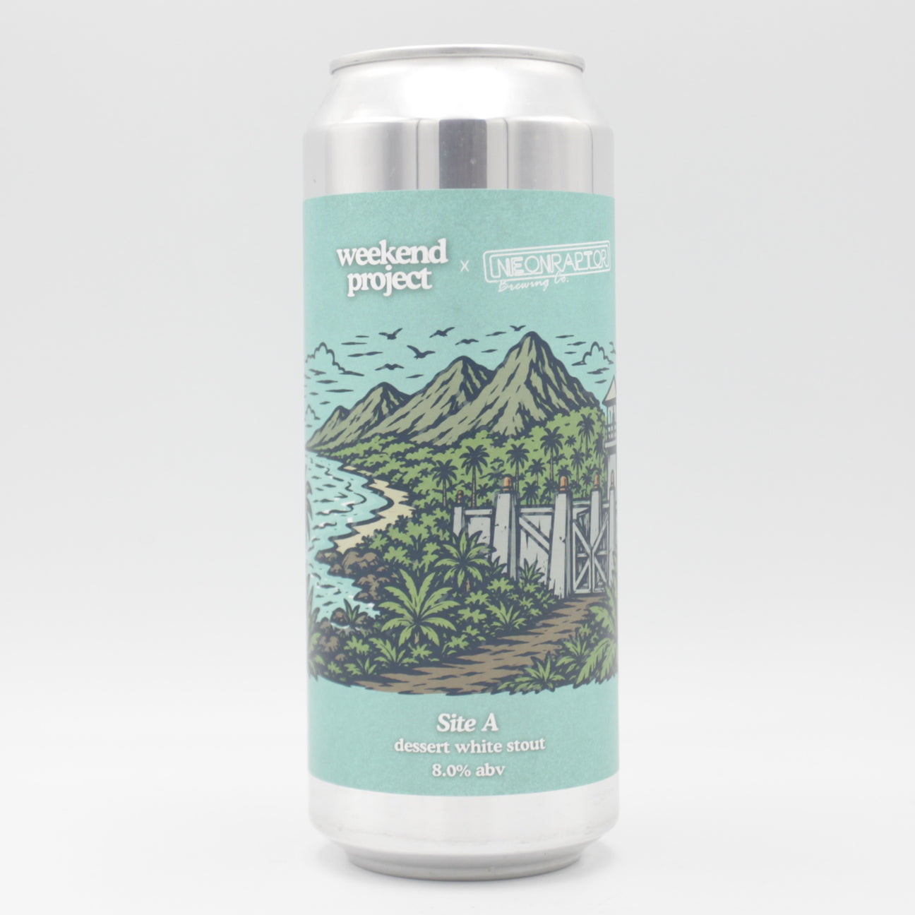 This is a can of Weekend Project / Neon Raptor - Site A - 8% (500ml). It is a Imperial Stout / Porter craft beer available to buy from Ghost Whale, voted London's best craft beer shop.