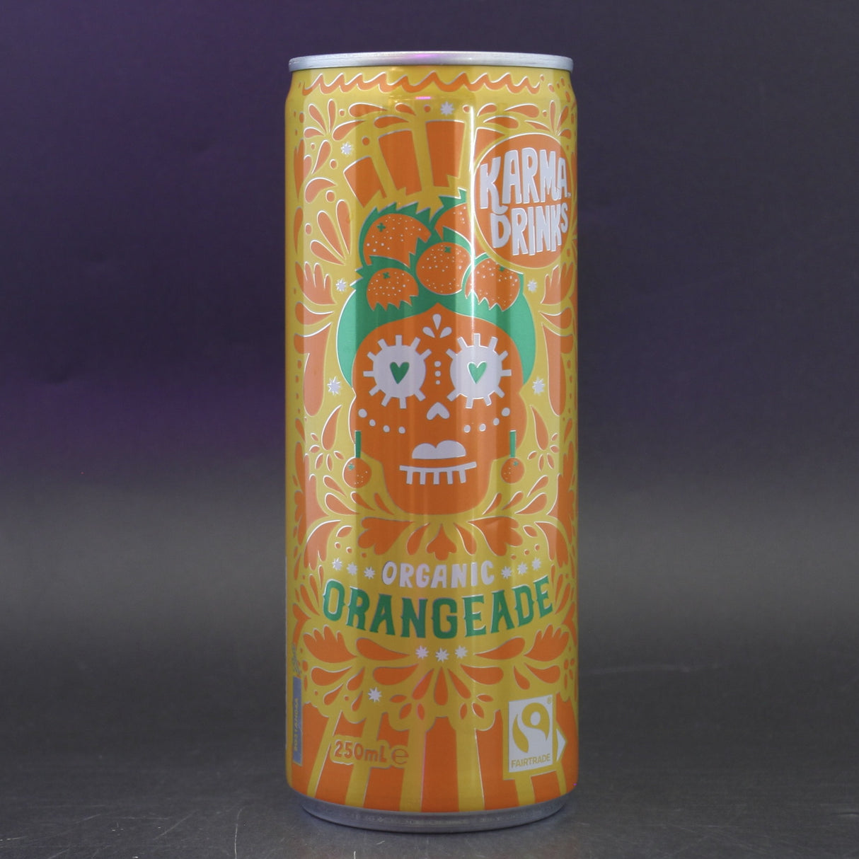 This is a can of Karma - Orangeade - 0% (250ml). It is a  craft soft drink available to buy from Ghost Whale, voted London's best craft beer shop.