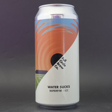 This is a can of Full Circle Brew Co - Water Sucks - 4.3% (440ml). It is a Wit / Wheat craft beer available to buy from Ghost Whale, voted London's best craft beer shop.