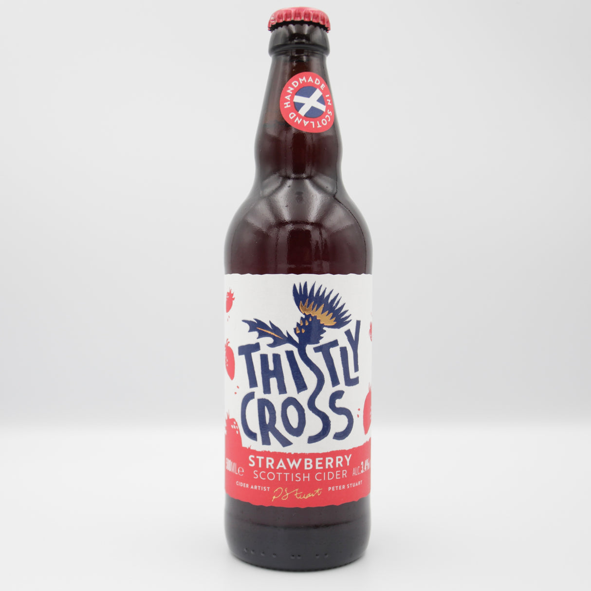 This is a bottle of Thistly Cross - Strawberry - 4% (500ml). It is a  craft cider available to buy from Ghost Whale, voted London's best craft beer shop.