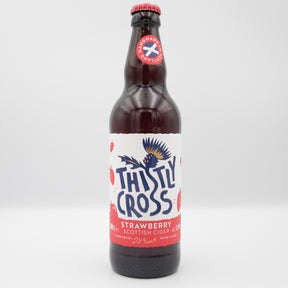 This is a bottle of Thistly Cross - Strawberry - 4% (500ml). It is a  craft cider available to buy from Ghost Whale, voted London's best craft beer shop.