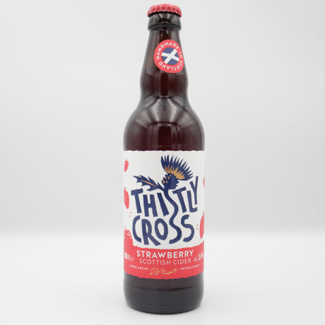 This is a bottle of Thistly Cross - Strawberry - 4% (500ml). It is a  craft cider available to buy from Ghost Whale, voted London's best craft beer shop.