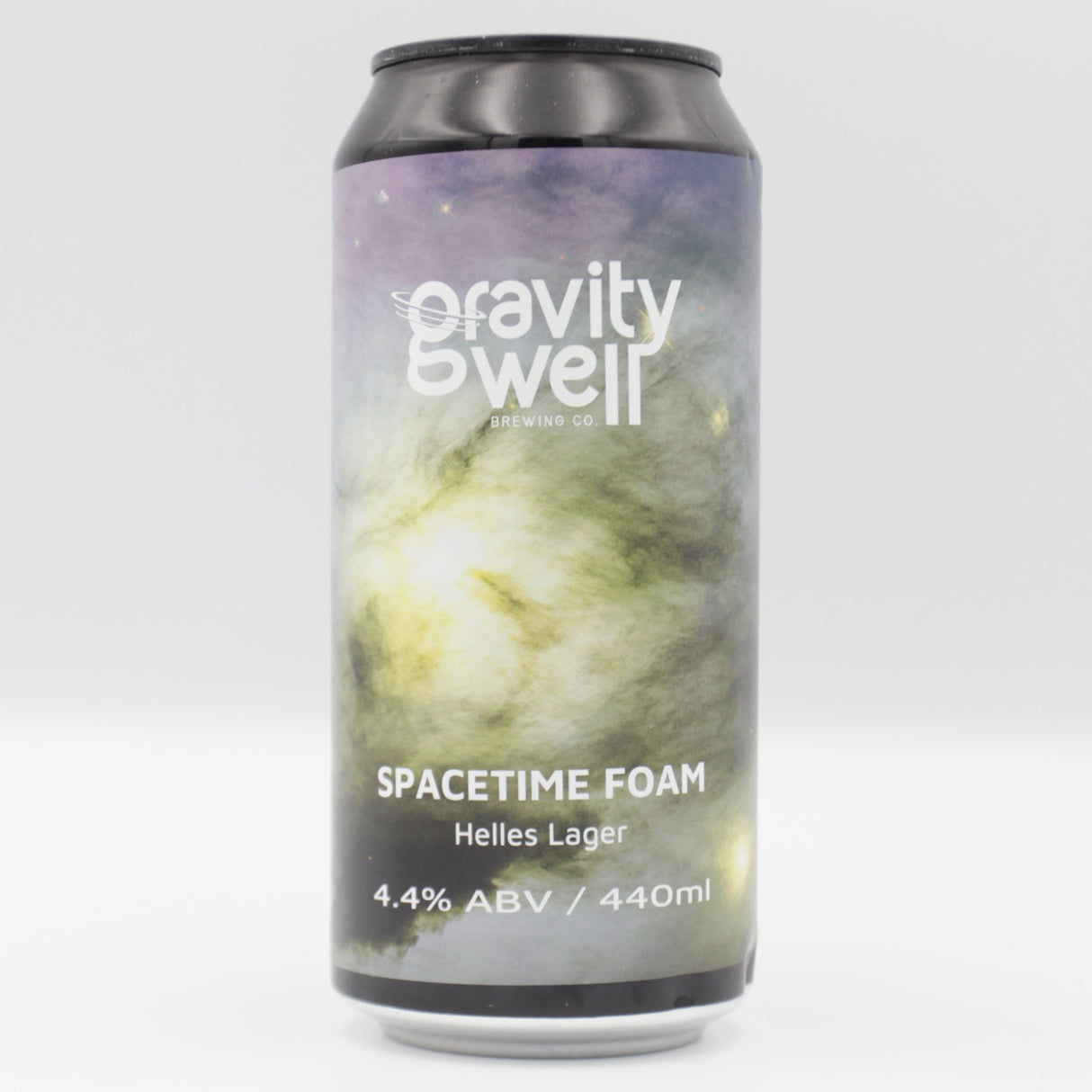 This is a can of Gravity Well - Spacetime Foam - 4.4% (440ml). It is a Lager / Pilsner / Kölsch craft beer available to buy from Ghost Whale, voted London's best craft beer shop.