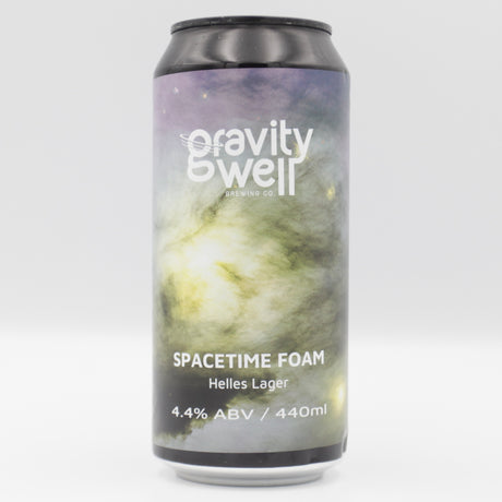 This is a can of Gravity Well - Spacetime Foam - 4.4% (440ml). It is a Lager / Pilsner / Kölsch craft beer available to buy from Ghost Whale, voted London's best craft beer shop.