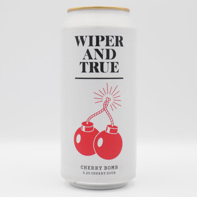 This is a can of Wiper And True - Cherry Bomb - 5.2% (440ml). It is a Sour craft beer available to buy from Ghost Whale, voted London's best craft beer shop.